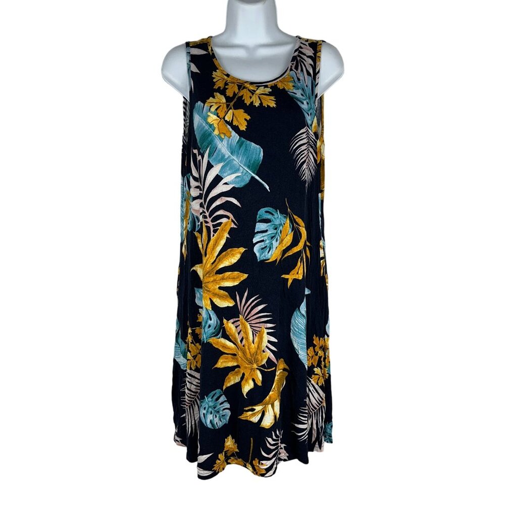 Bishuige Women's Floral Print Sleeveless Dress Size L Blue Pockets